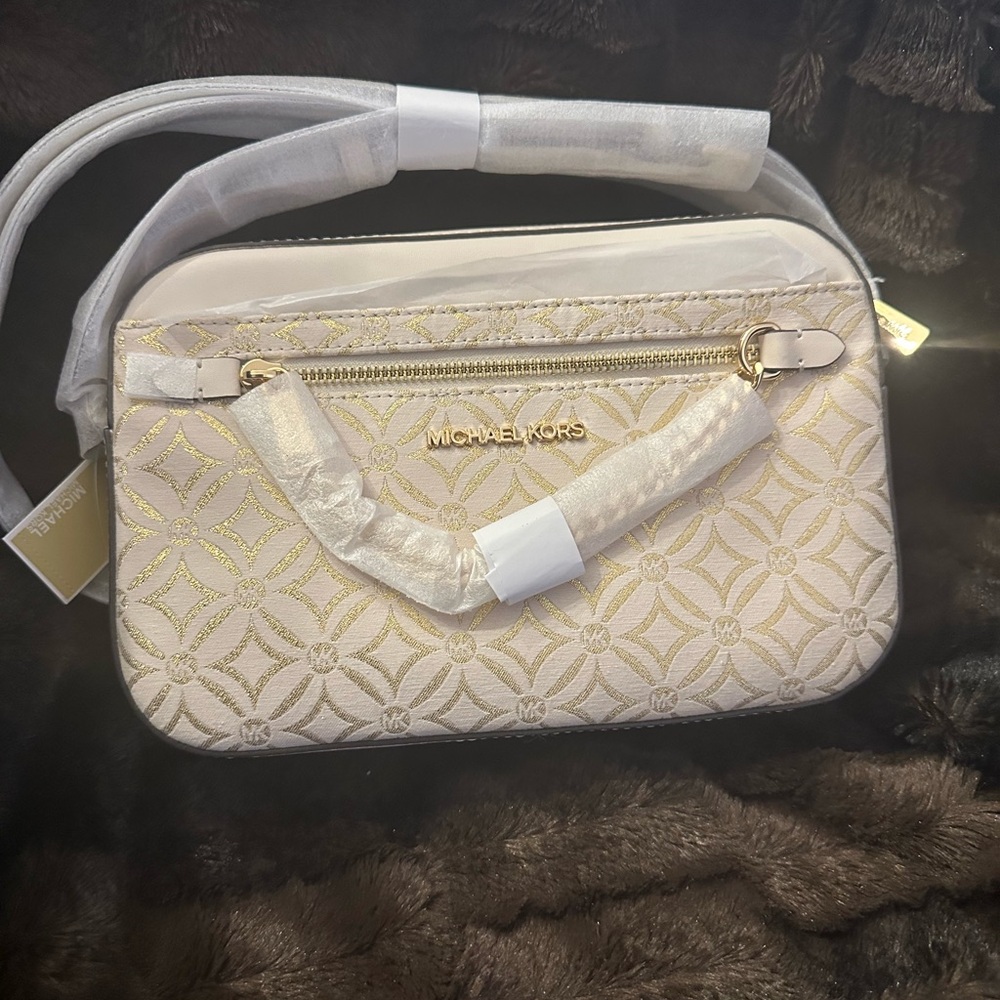 Michael Kors Cream and Gold Patterned Crossbody Bag